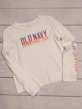 Old Navy White Long-Sleeve Tee with Rainbow Gradient Logo